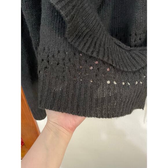 SARAH SPENCER Black Wool Blend Ruffle Front Cardigan Wrap Sweater Women's Large - Picture 4 of 6